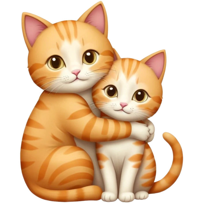 A cute illustration of two cats, one bigger and resembling a boy, and the other smaller, resembling a girl. They are gently hugging each other in a warm and loving way. The bigger cat has a friendly expression, while the smaller cat looks content and cozy. emoji