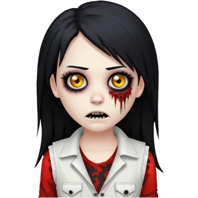 Girl zombie wearing white vest with black hair emo creepy long hair scary, black eyes emoji  emoji