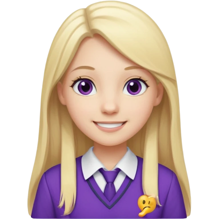 A pale girl with gray eyes and long and blonde straight hair , smiling wearing a purple school uniform  emoji