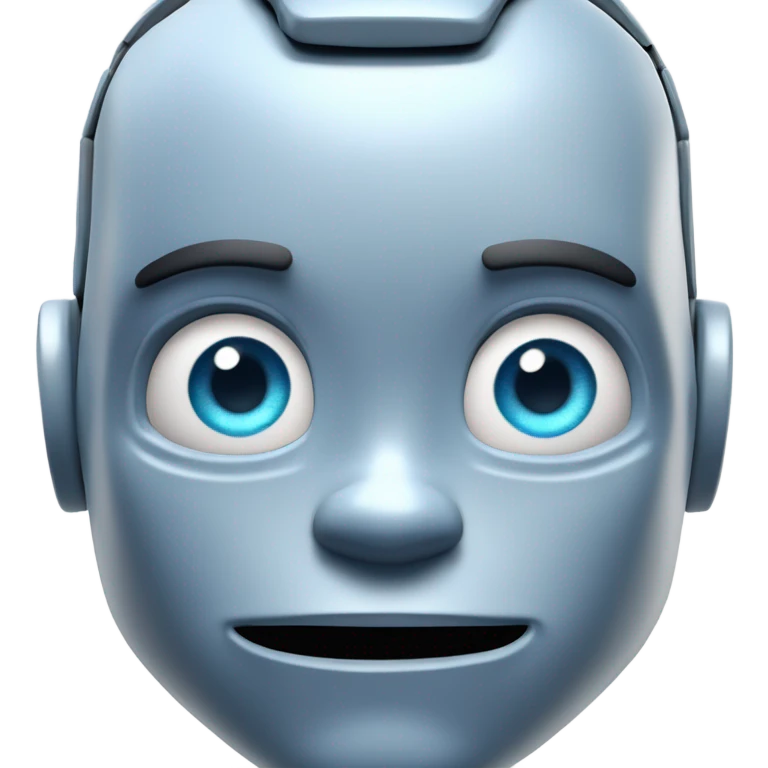 A Disney Pixar-style 3D render of a bodybuilder robot's face with blue eyes. show only the face. The robot has a confident, friendly expression emoji