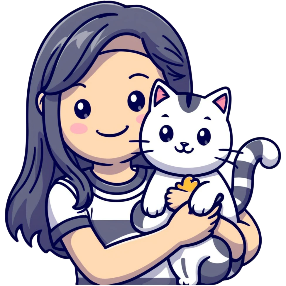 smiling girl with long hair holding a cat with silver stripes emoji