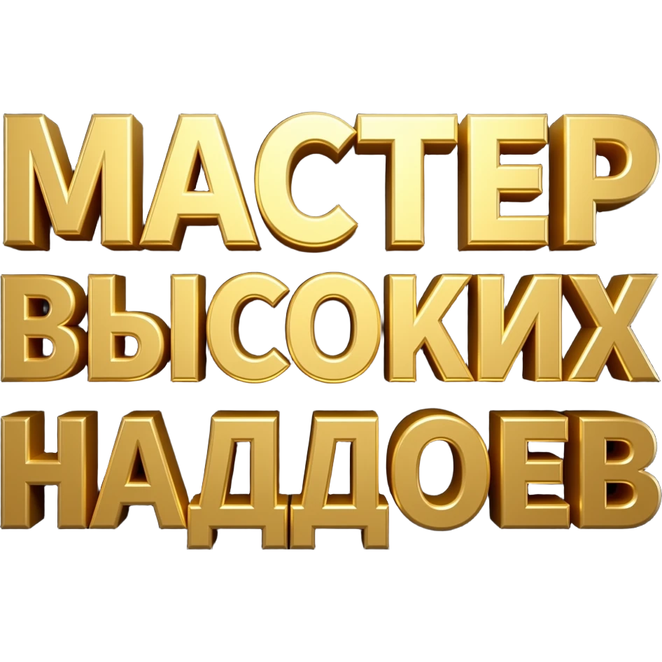 The black background is filled by bold, large, high-definition 3D golden Russian text, precisely centered. The text must read over two lines, all caps: 'МАСТЕР ВЫСОКИХ НАДОЕВ'. Clean details, studio lighting, white background." emoji