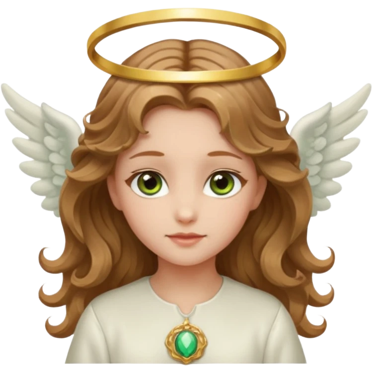 Angel girl with light brown wavy hair and hazel green eyes and a halo and wings emoji