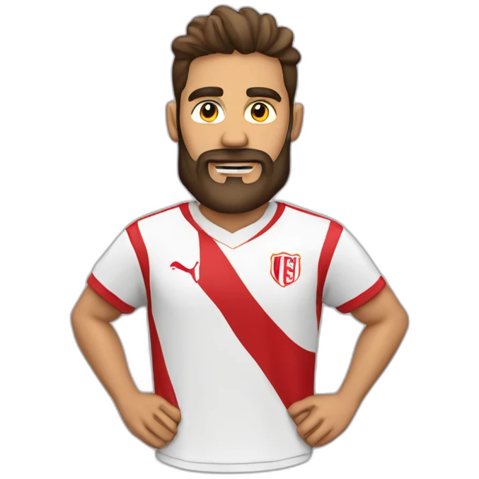 jugador blanco de futbol con barba y camiseta roja disparando a porteria emoji