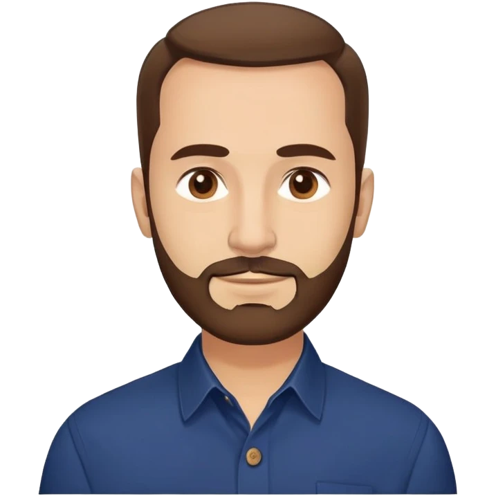 Man in his mid-50s with light skin tone. Round face with broad cheekbones. Lively brown eyes, prominent eyebrows. Full brown hair with minimal recession at temples. Brown beard covering jaw and chin. Slight smile. Wearing a navy button-down shirt. emoji