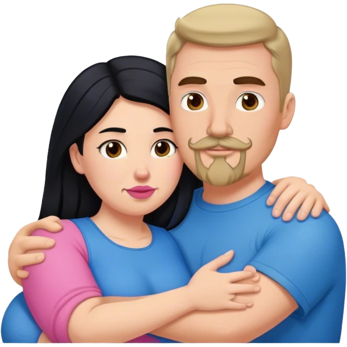 Tall strong white man with brown mustache goatee wearing blue hugging a chubby short pale woman with long black hair wearing pink emoji