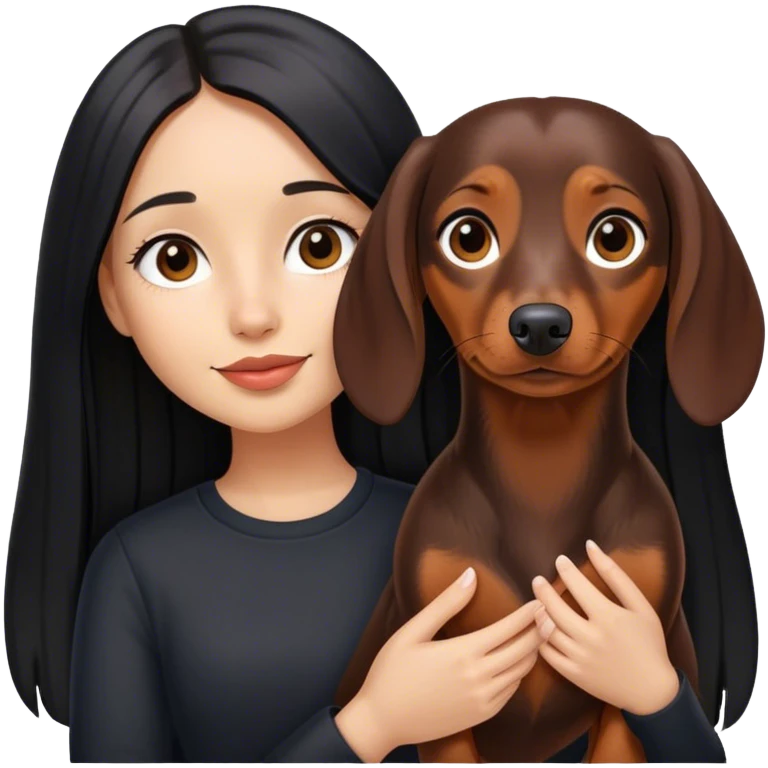 Black long straight hair girl, light skinned holding a cute brown dachshund  emoji
