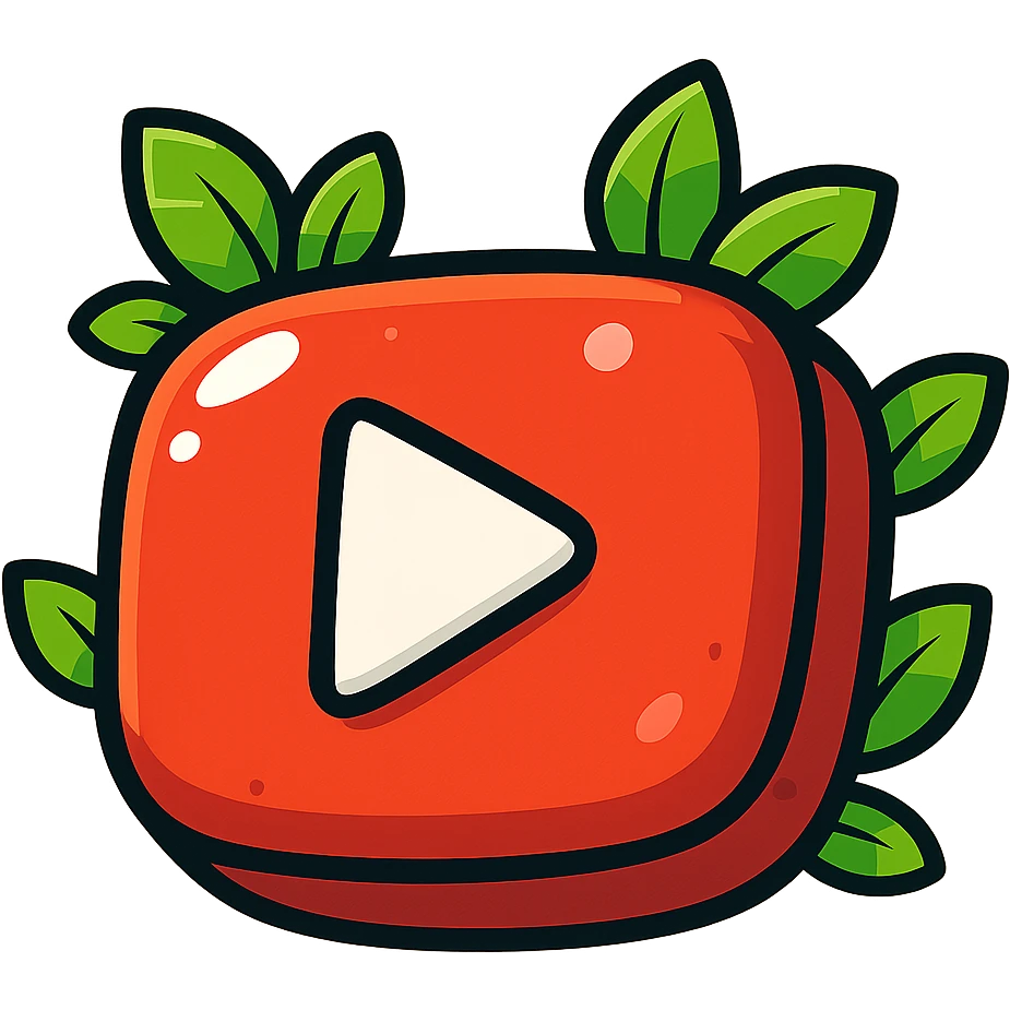 plump, vibrant, cartoon-style YouTube logo, bold outline, expressive shadows, glossy highlights, decorated with bright leaves around the logo, no background emoji