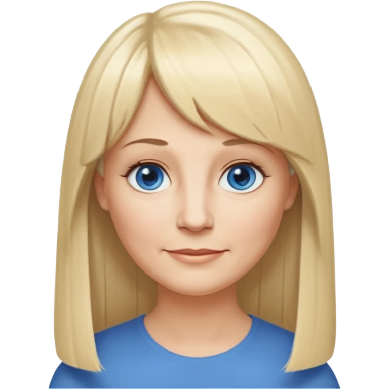 50 yr old white woman, hippe part bangs, very long straight blond hair, oval face, small smile, blue eyes, thin face, hair downback, hair parted at center of head, round cheeks, pale, longer hair emoji