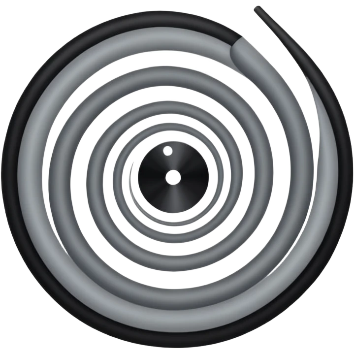 Minimalist emoji-style sticker of a strip of film curling into a hypnotic spiral. No details inside frames. Black and gray only. emoji