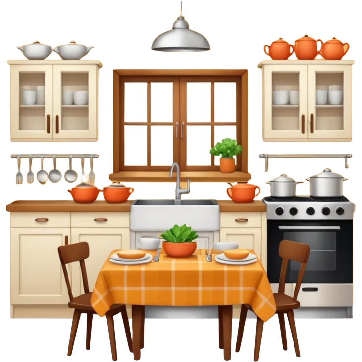 A cozy home kitchen in clean emoji-style illustration. Warm colors, simple shapes, homemade dishes on the counter, friendly atmosphere, flat design, high contrast, clear outlines. emoji