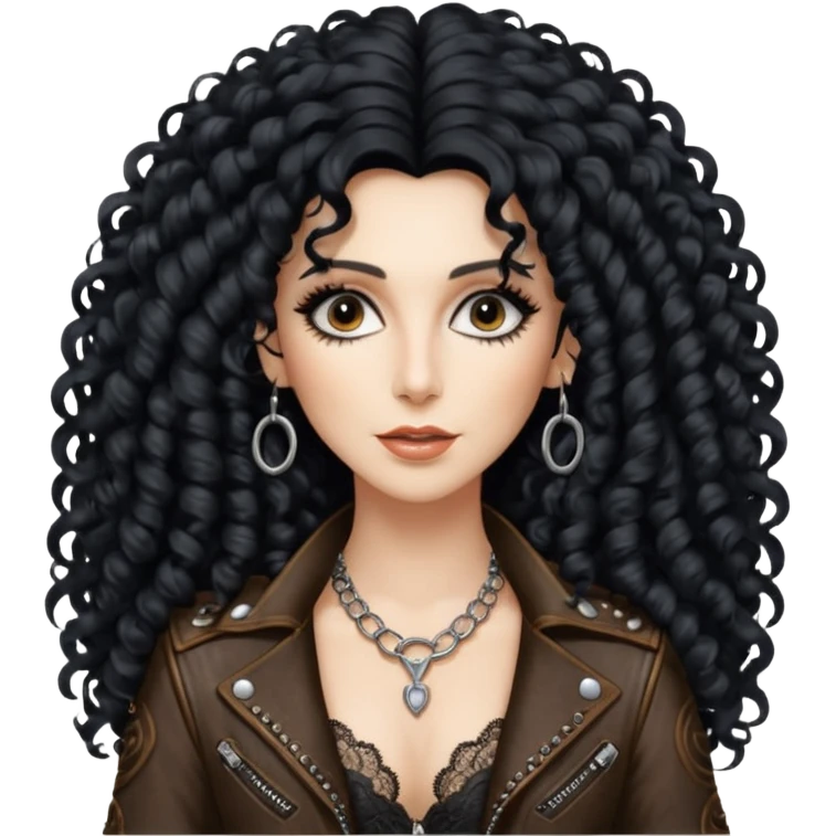 realistic cinematic singer Cher in a typical rocker's attractive outfit with leather and lace, half-naked, huge curly hair like in the video If I Could Turn Back Time emoji