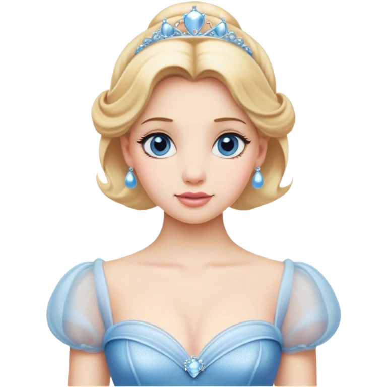 Cinematic Elegant Cinderella Portrait Emoji, rendered in a beautifully detailed, vector-style with minimal shading and bold, simplified shapes. Depict Cinderella in her classic ball gown (chest and above) with fair, porcelain skin and elegantly styled blonde hair, her eyes soft and kind, and her expression serene and graceful. The design glows with a gentle, enchanting radiance and high shine, capturing the timeless beauty of a fairy tale princess. emoji