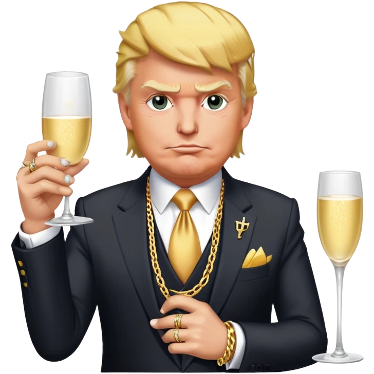 Donald Trump in a sharp suit, but with exaggerated gold chains, flashy rings, and bold face tattoos. Holding a champagne glass, smirking confidently, with a chaotic, edgy vibe. emoji