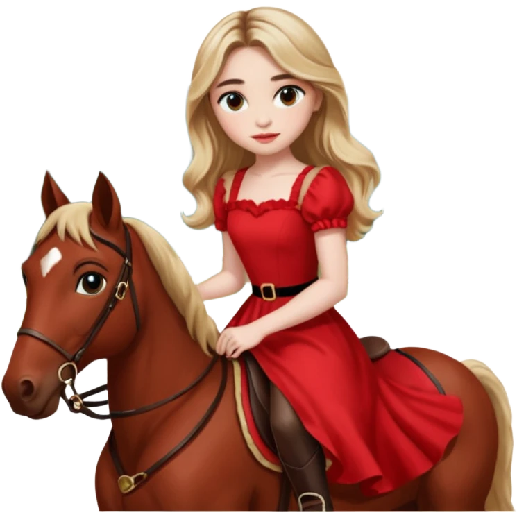 sabrina carpenter wearing red dress while riding a horse emoji