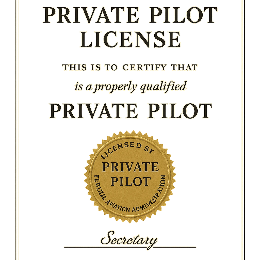 formal private pilot license design with a gold seal and official typography emoji