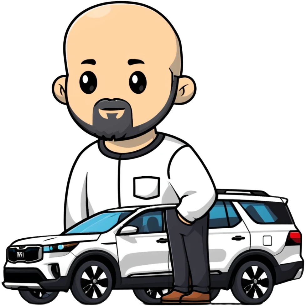 bald man with beard standing next to a white Kia Mohave SUV emoji