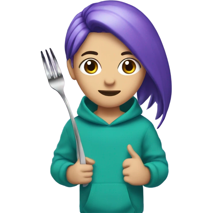 person holding a fork with purple hair, wearing a teal sweatshirt with the number 120￼ emoji