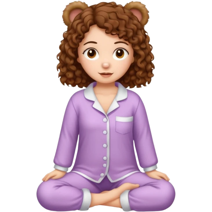 Grown up Woman with brown eyes, brown curly hair, white skin, full body in cute pijama bear emoji
