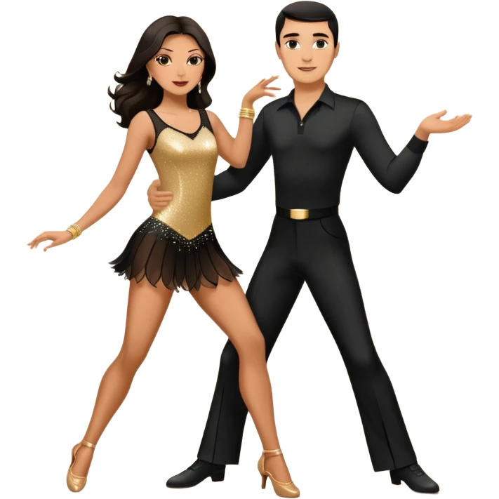 Photorealistic dancesport professional latin couple dancing the samba at the competition dancefloor, the women is in skinny short sparkly dress, the man is in black shirt and black classic pants, the women has brown long hair, the man has short black hair  emoji