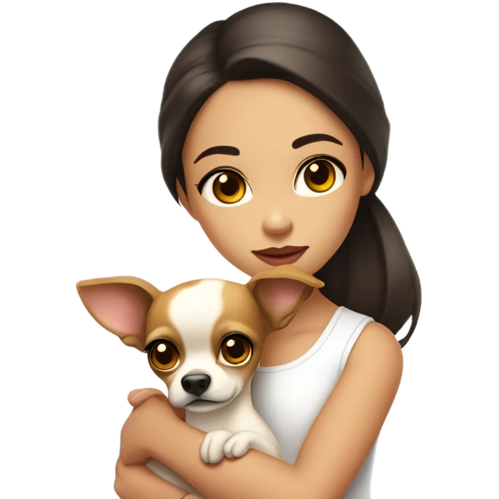 A girl with long, dark brown hair, big brown eyes, and very big lips. She is wearing a white singlet top and holding a small chihuahua in her arms that is a solid light yellow colour with no markings emoji