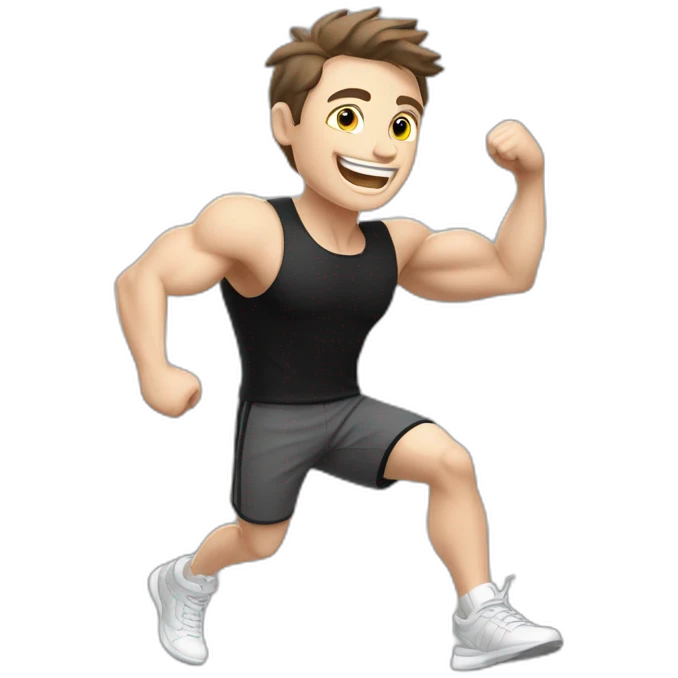 Joyful Celebrating victory Pale skinned Fit Man With the biceps and dark brown hair in black shirt, gray sports shorts and white Sneakers emoji