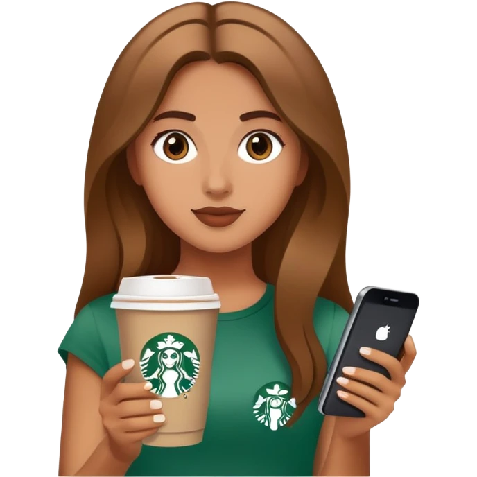 A tan girl with a Starbucks coffee  scrolling in her phone emoji
