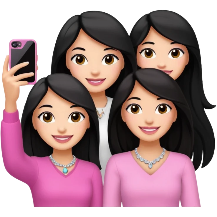 Just 3 besties with professional glammed up looks wearing pink and white, all medium skin tone smiling big with black long hair. Very girly wearing simple jewelry, taking a selfie  emoji