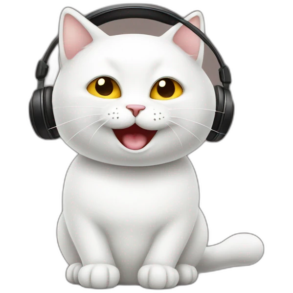 White Cat listen and music with happy face emoji