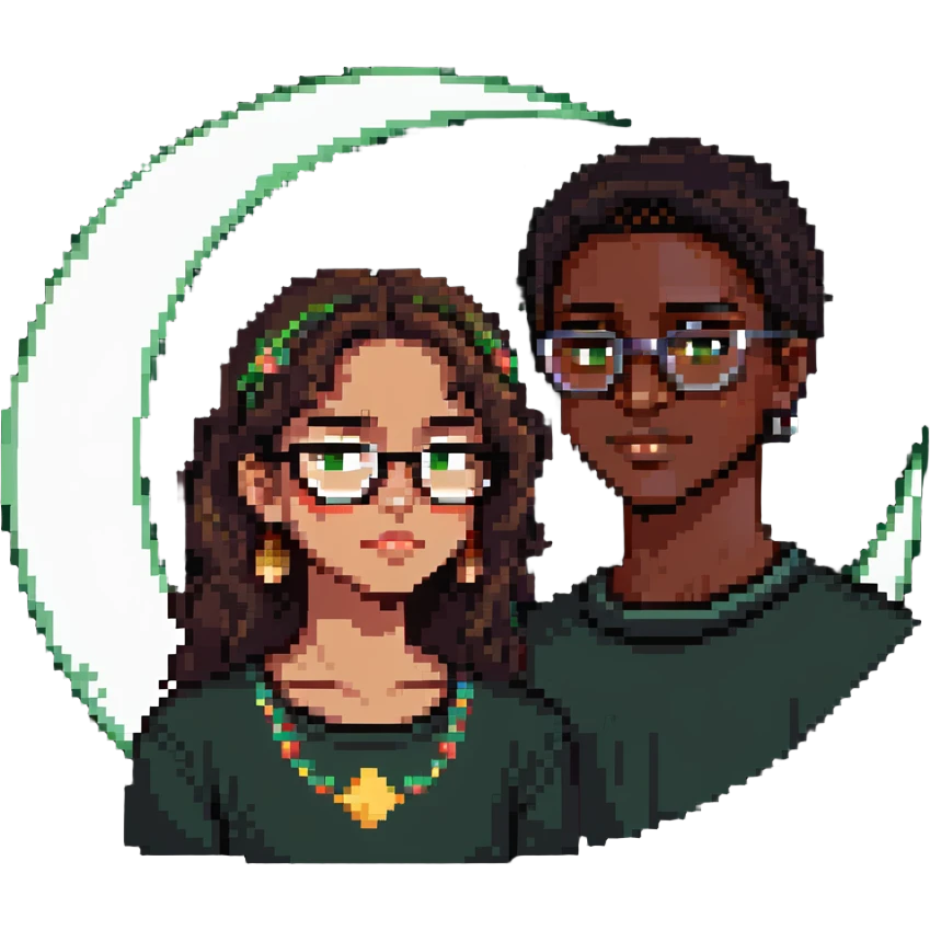 two people in pixel art style: medium height beautiful Mexican girl and dark-skinned boy with glasses, green-brown eyes, crescent moon scar on chin emoji