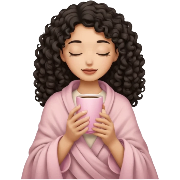 woman with medium sand tone, black long 3b curls, closed eyes, feminine face, holding soft pink coffee cup with beige blanket over shoulders emoji