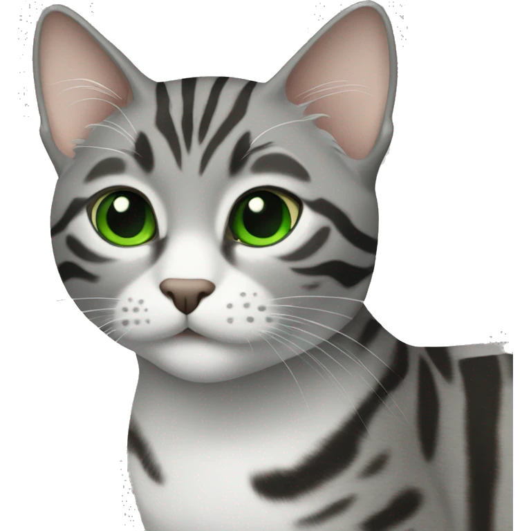 Gray tabby cat with black markings and green eyes emoji