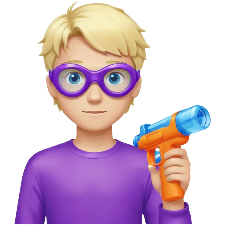 Blond 18 year old boy, with blue eyes, wearing swim goggles, wearing a purple sweatshirt , holding one water gun emoji