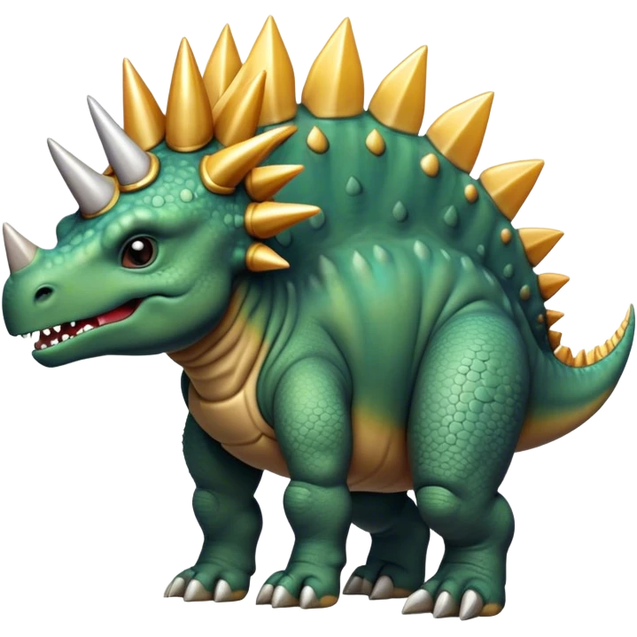 Cinematic Noble Stegosaurus Portrait Emoji, Poised and dignified, with a sturdy, low-slung body adorned by a distinctive row of bony plates along its back and a spiked tail, a small, determined head with observant eyes, Simplified yet sharply defined features, highly detailed, glowing with a soft, earthy radiance, high shine, intelligent and resolute, stylized with an air of ancient armored majesty, focused and alert, soft glowing outline, capturing the essence of a watchful and confident Stegosaurus that appears ready to lumber out of the screen with effortless authority! emoji