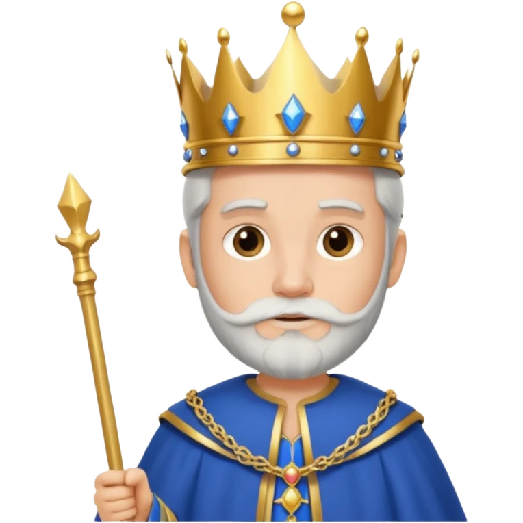 Bearded King, young king with short white beard, royal staff in hand, wearing crown, blue
 emoji