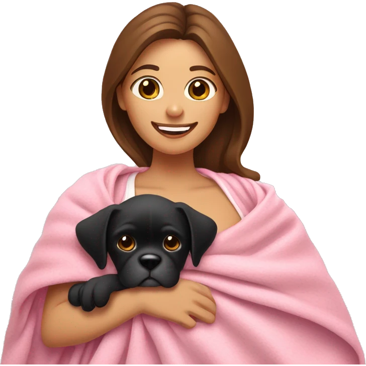 a woman with brown hair is cradling her puppy in a pink baby blanket. the puppy is a black boxer dog. the woman is smiling with mouth ajar. you can see the woman cradling the puppy like a baby from her waist up.  emoji
