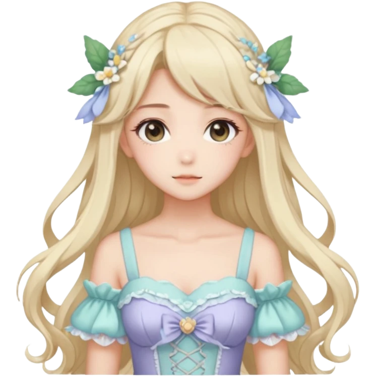 gorgeous pretty attractive anime lady beautiful hair with gorgeous dress fairycore cottagecore pastelcore detailed high quality trending VOGUE aesthetic head and bust emoji