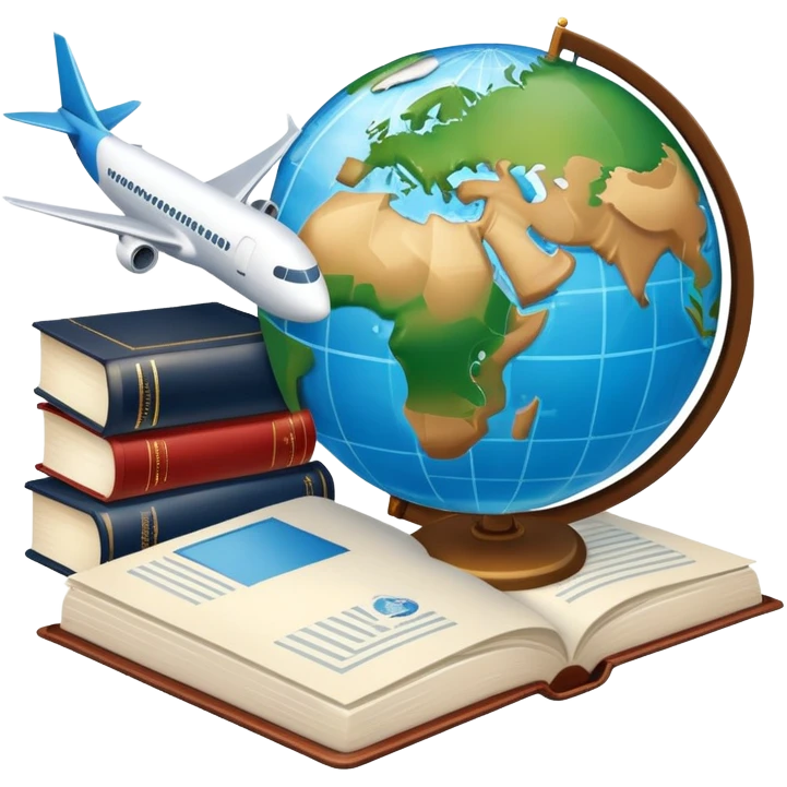 An icon featuring a hotel building, a globe, books, documents, and an airplane, symbolizing the study of tourism and hospitality. The design highlights the global travel industry, with elements of research, planning, and international travel. Transparent background. emoji