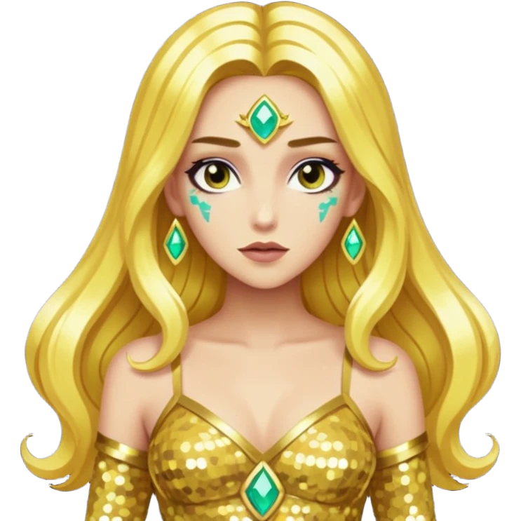 Hera from Lore Olympus with long gold hair, gold sequin outfit emoji