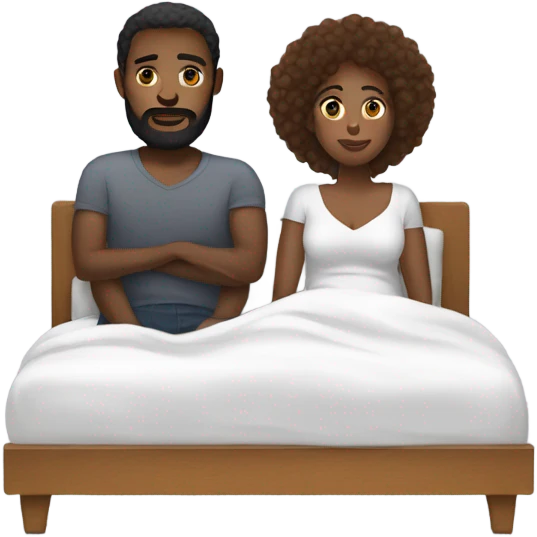 Black woman sitting in bed with white male with brown hair and beard  emoji