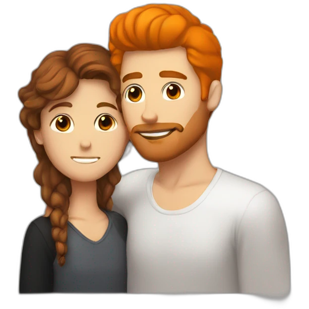 White guy with brown hair color and orange beard kissing a white guy with black hair color emoji