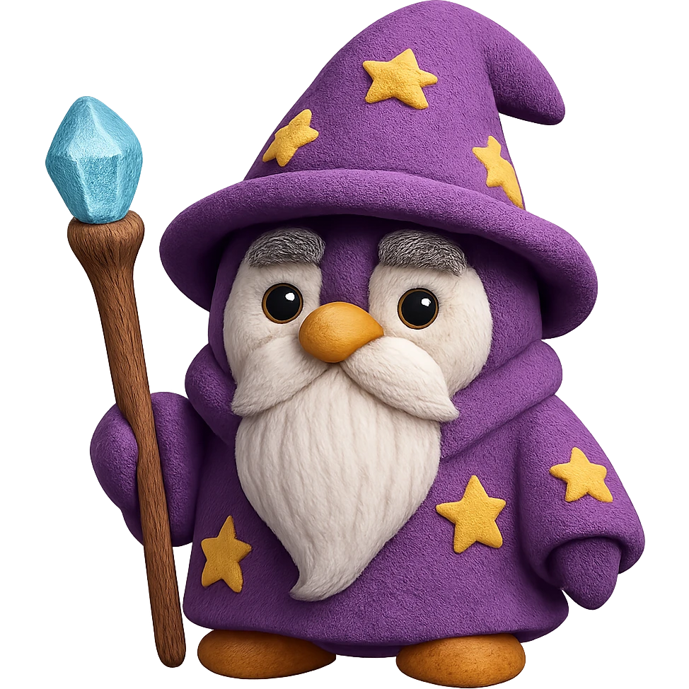 A wise old penguin wizard with a long white beard, purple robe with stars, and a crystal-tipped staff. The plush penguin has a gentle, wise expression. emoji