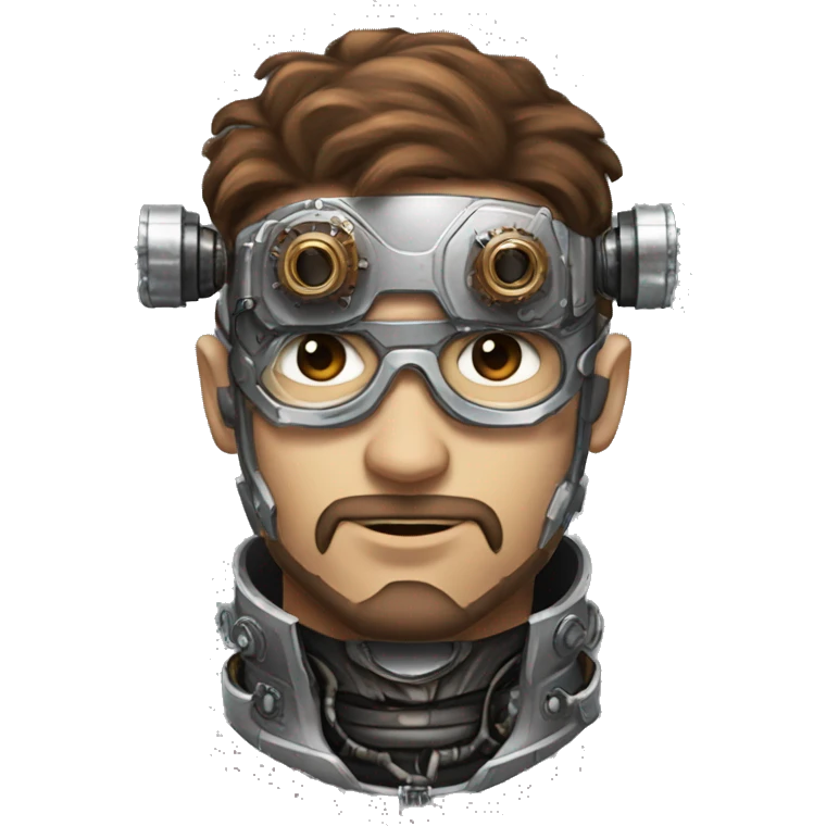 male cyborg head with brown short hair, brown beard, silver steampunk goggles and circuitry emoji