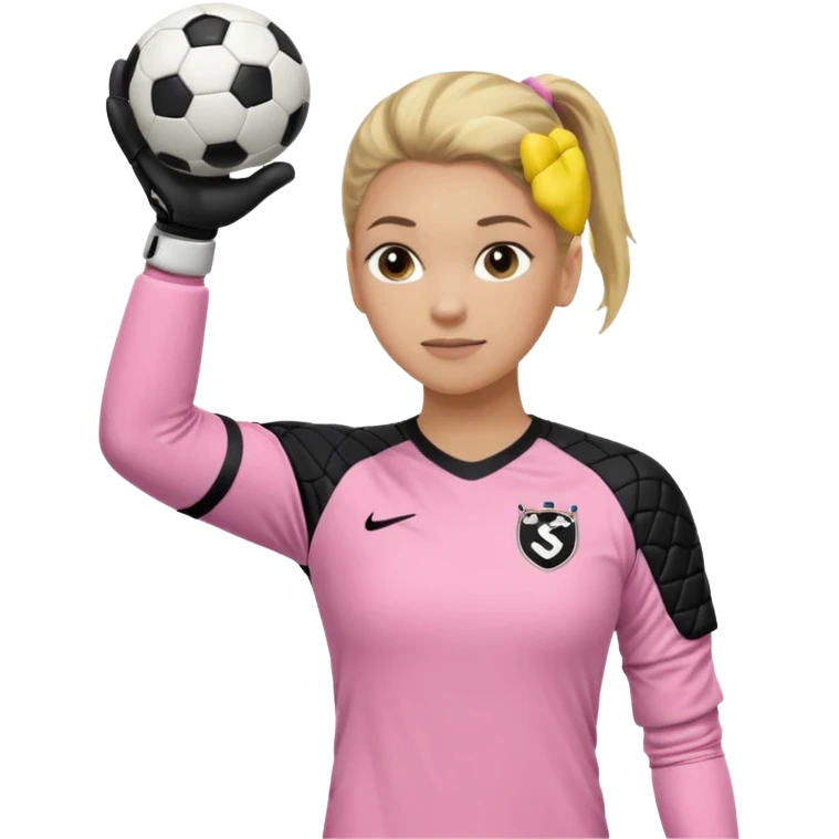 Make a dirty blonde football goalkeeper with goalkeeper gloves on. light skinned and wearing a light pink football kit. Wearing one ponytail on back of head. Make it without the whole body. With full sleeves. No RUGBY BALL JUST BLACK AND WHITE BALL. Holding ball under armpit. Other hand hanging down emoji