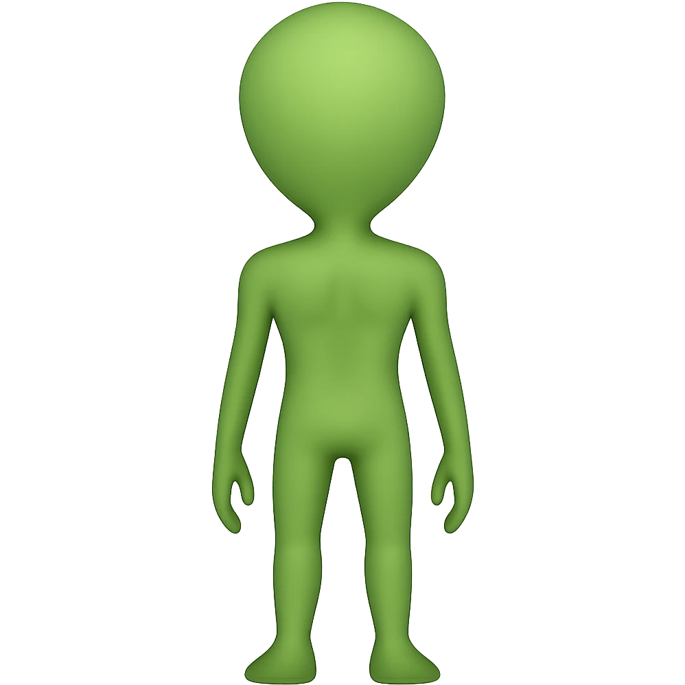 Create a clear rear view of an alien facing away from the viewer in a simple, rounded emoji style with no background. emoji