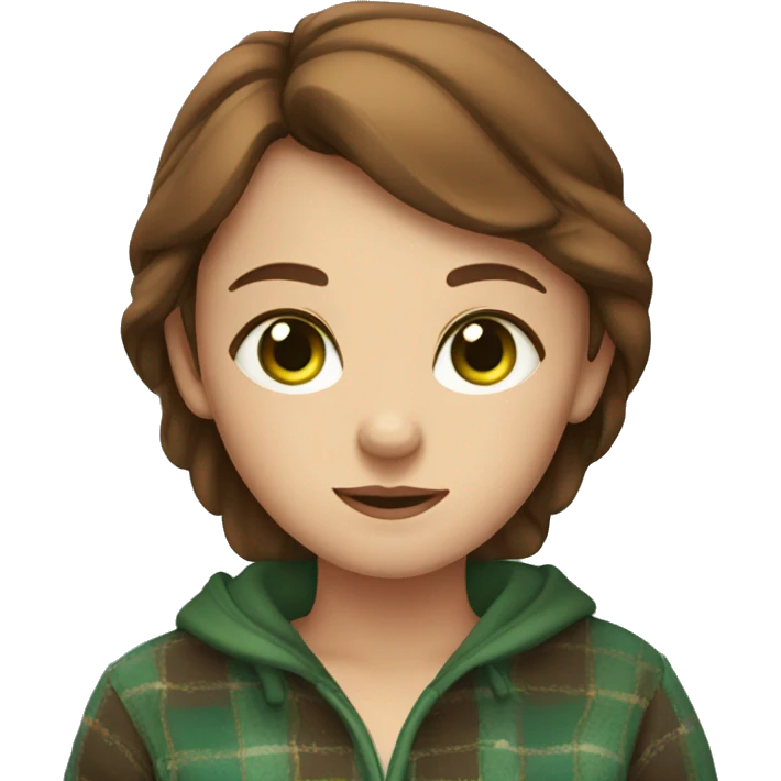 A girl with green eyes and brown hair is wrapped in a plaid emoji