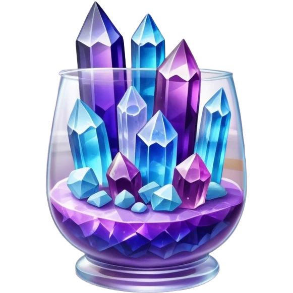 Close-up of vibrant crystals growing in a glass container on a table, with various colors like purple, blue, and clear. Some crystals are larger, while others are still forming. Soft light highlights their natural beauty. Background with a cozy indoor setting. emoji