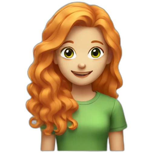 Cute girl with wave very long orange hair. green eyes, gold e and a green shirt. She is smiling emoji