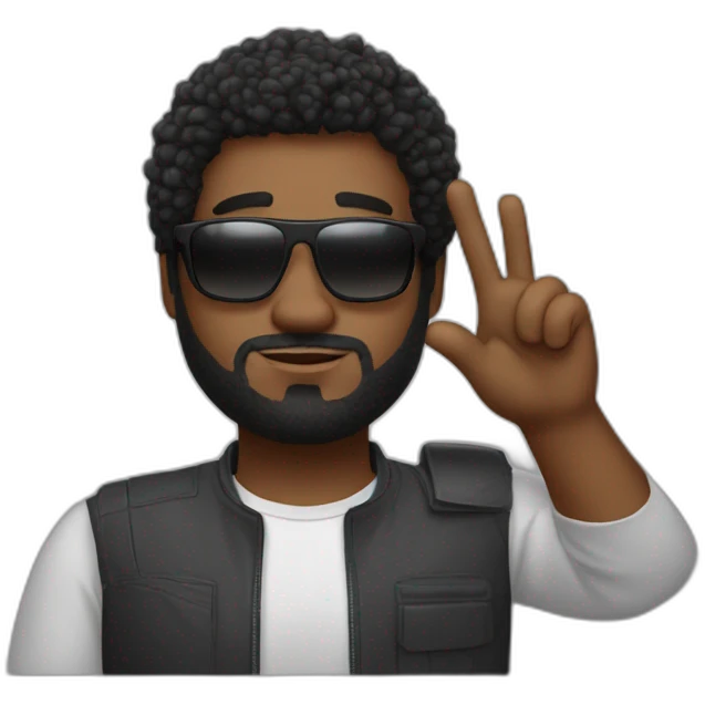 A black man with a chubby oval face, a slight beard and short frizzy hair. And sunglasses. He makes a Vulcan salute emoji