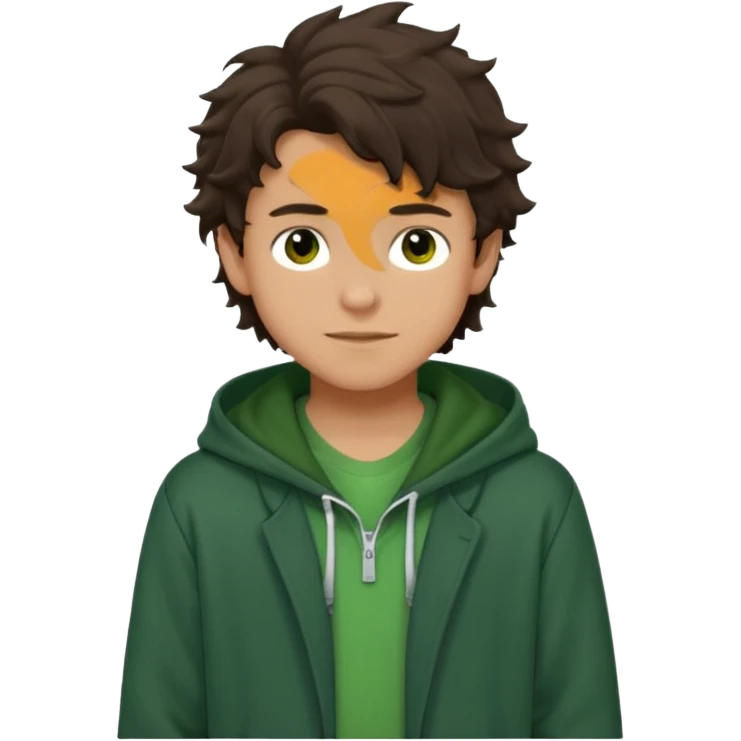 a 14 year old slightly tanned teenage boy with dark brown tousled wavy hair, dark brown eyes wearing a green tshirt, with a dark green hoodie overcoat. smirking. full body emoji